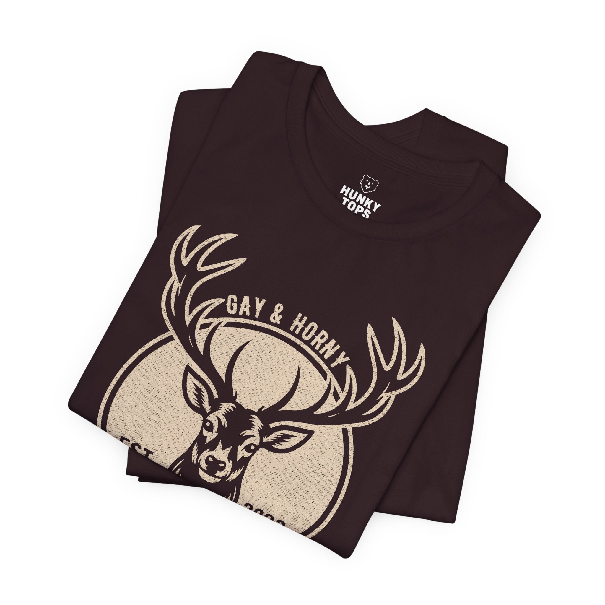 Gay And Horny T-Shirt - Hunky Tops #color_Oxblood Black