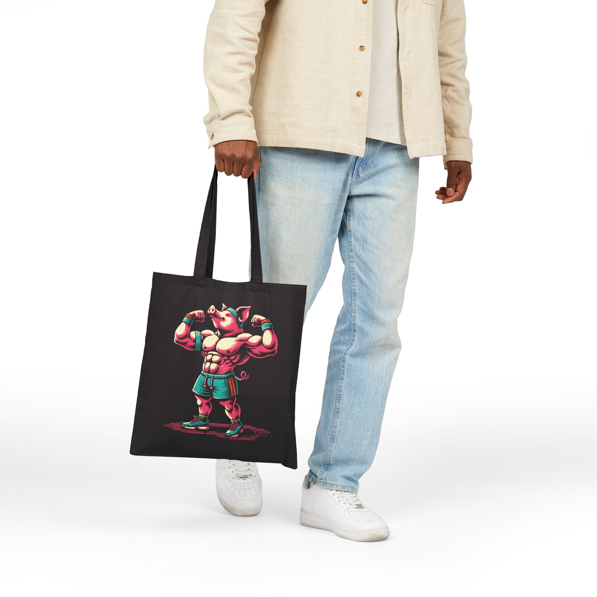Muscle Pig Canvas Tote Bag - Printify #color_Black