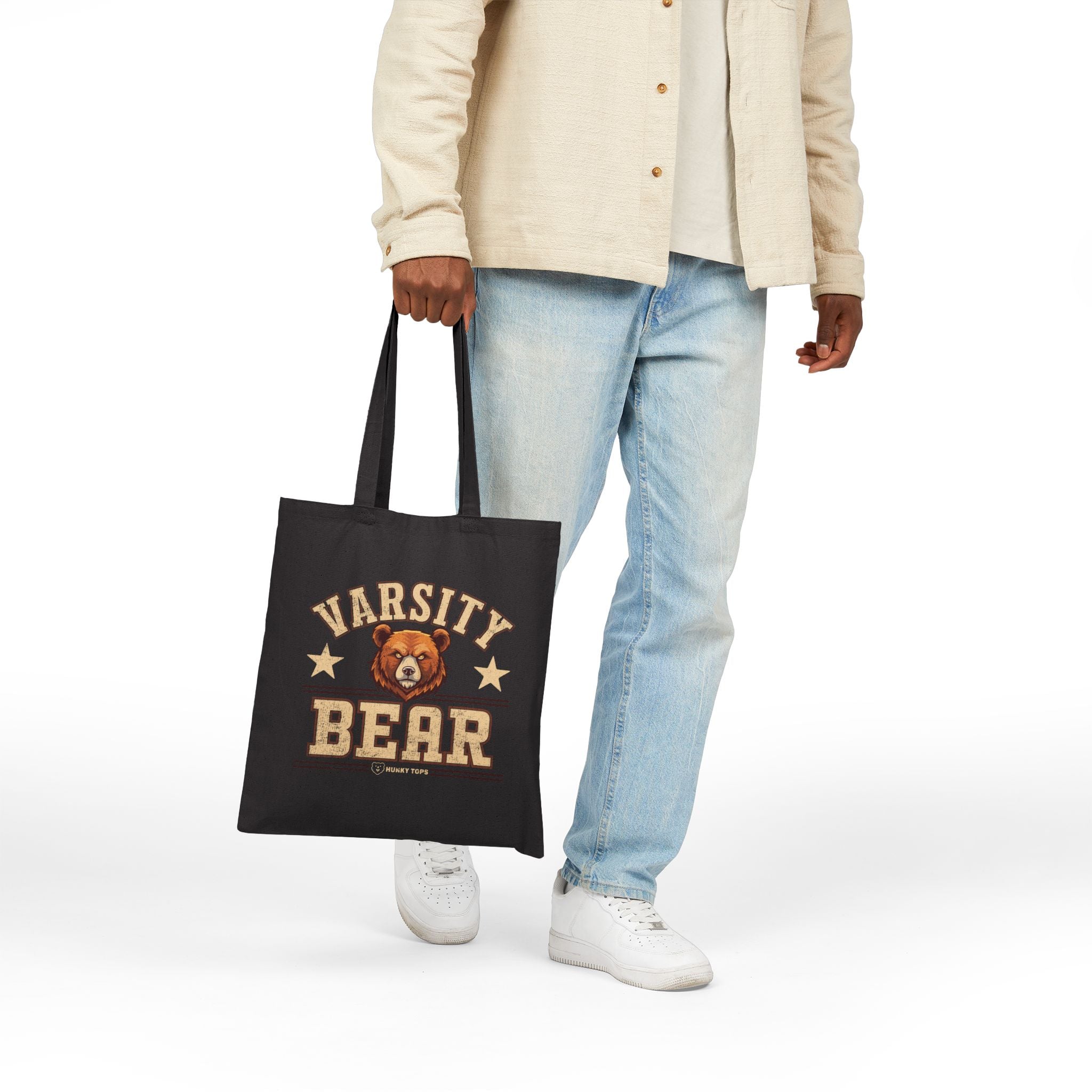 Varsity Bear Canvas Tote Bag - Printify #color_Black