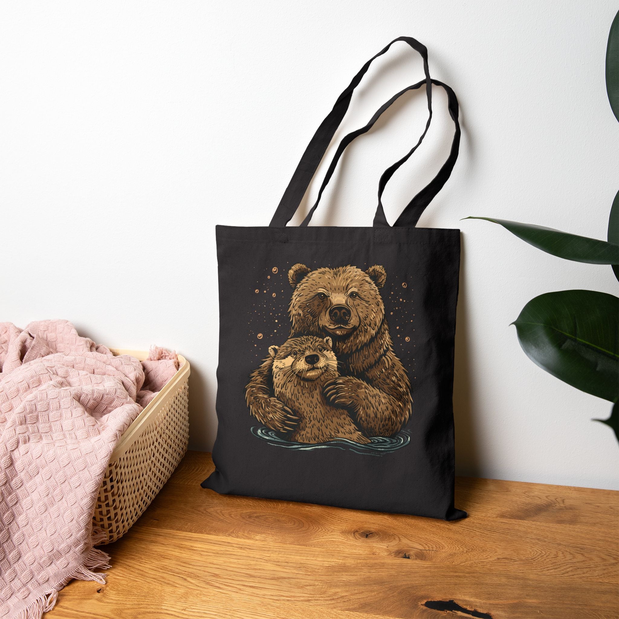 Bear + Otter Canvas Tote Bag - Hunky Tops #color_Black
