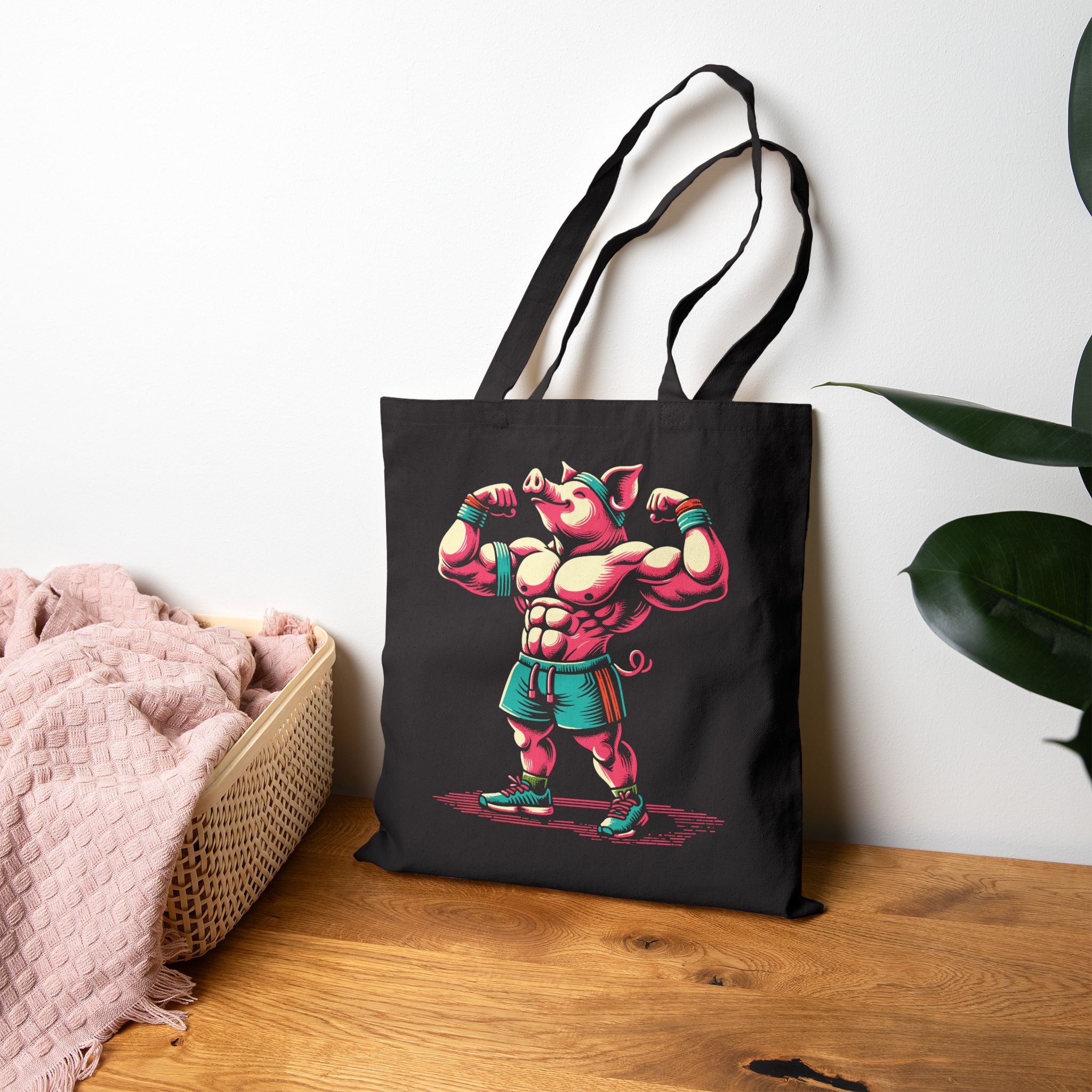Muscle Pig Canvas Tote Bag - Printify #color_Black