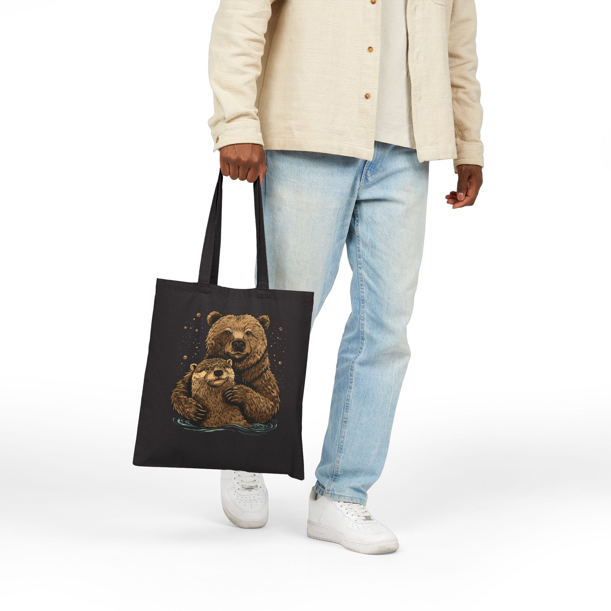 Bear + Otter Canvas Tote Bag - Hunky Tops #color_Black