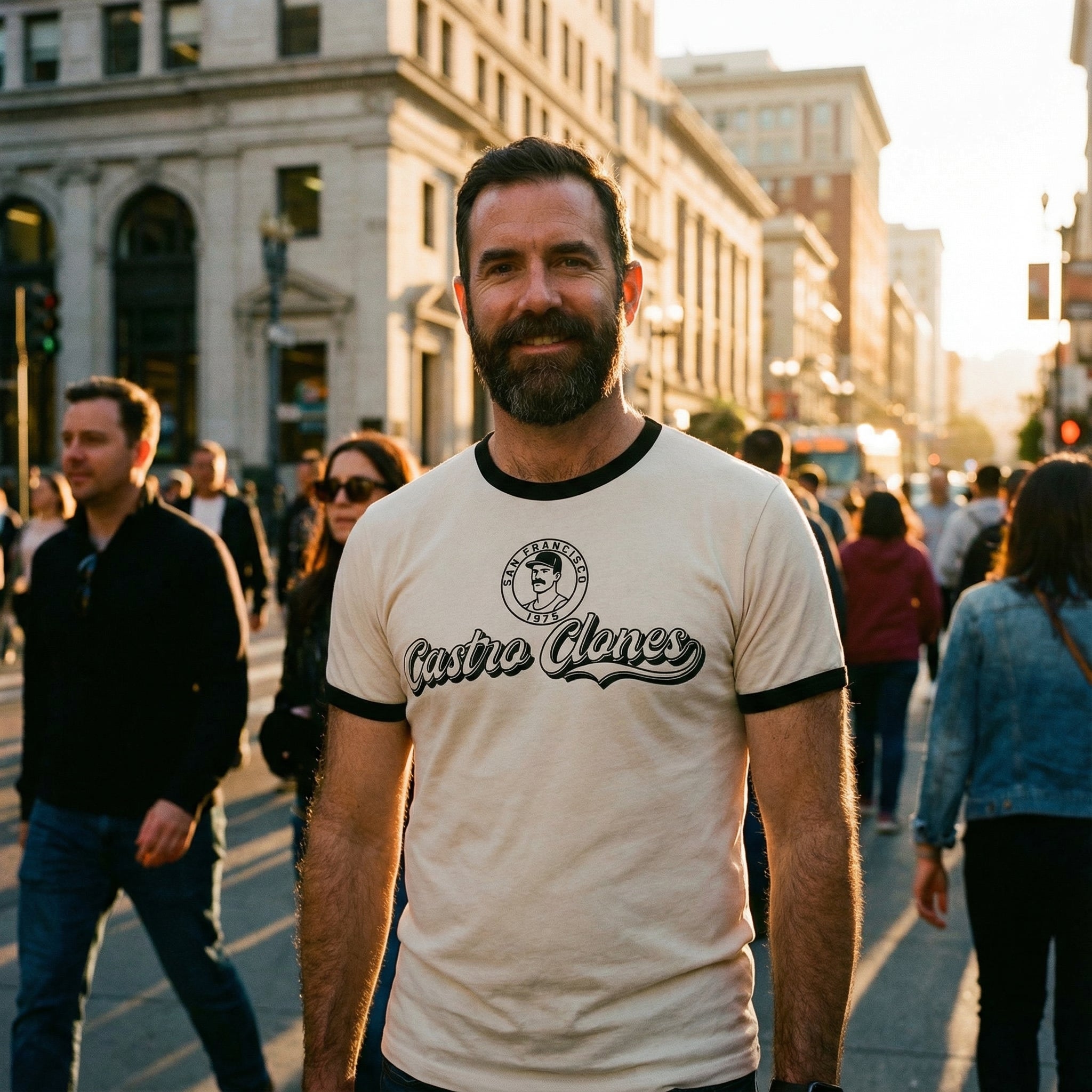 Castro Clones Gay Ringer T-Shirt #color_Natural/Black