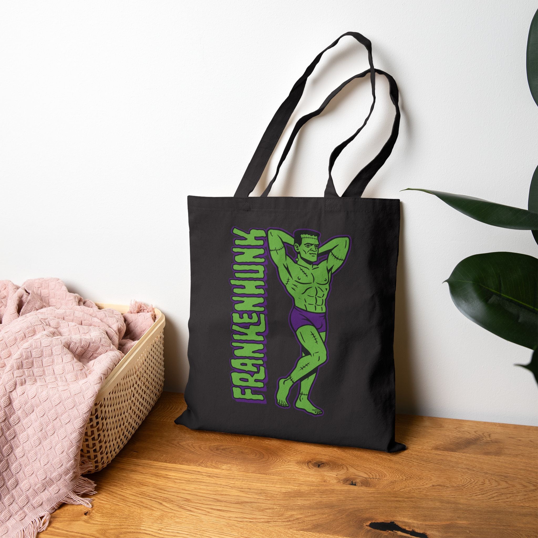 Frankenhunk Gay Halloween Canvas Tote Bag - Hunky Tops #color_Black