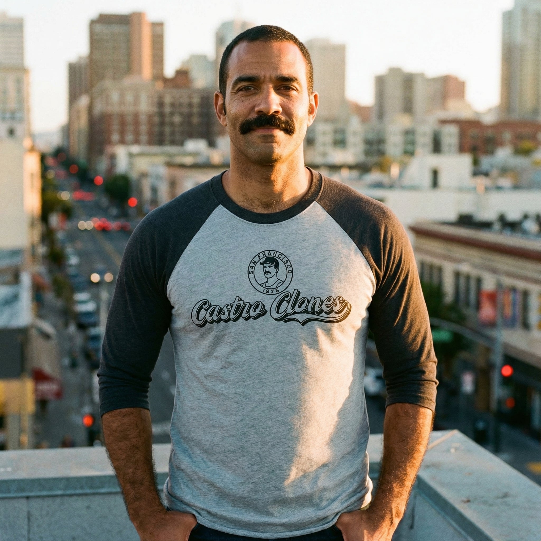 Castro Clones Gay Baseball T-Shirt #color_Vintage Black / Premium Heather