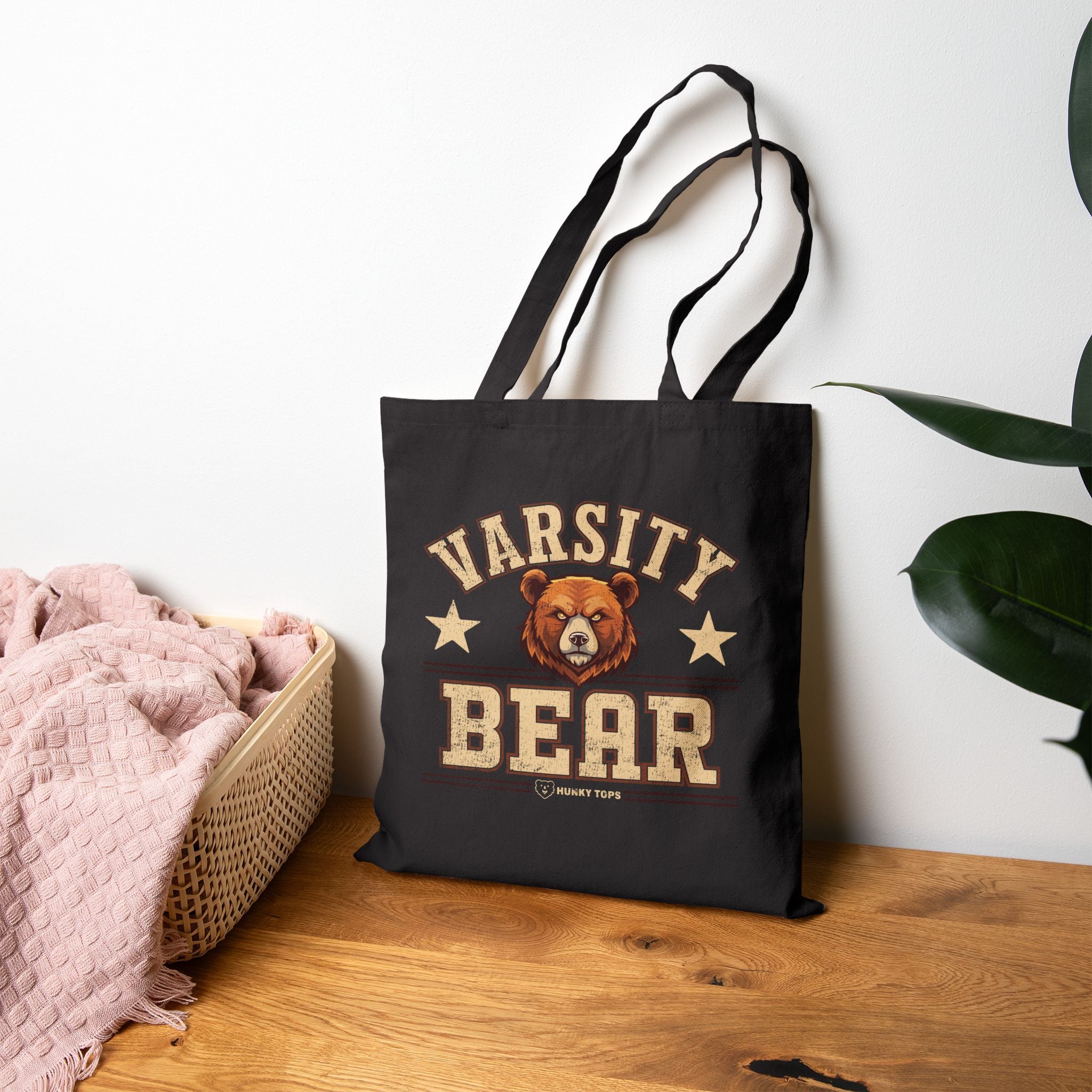 Varsity Bear Canvas Tote Bag - Printify #color_Black