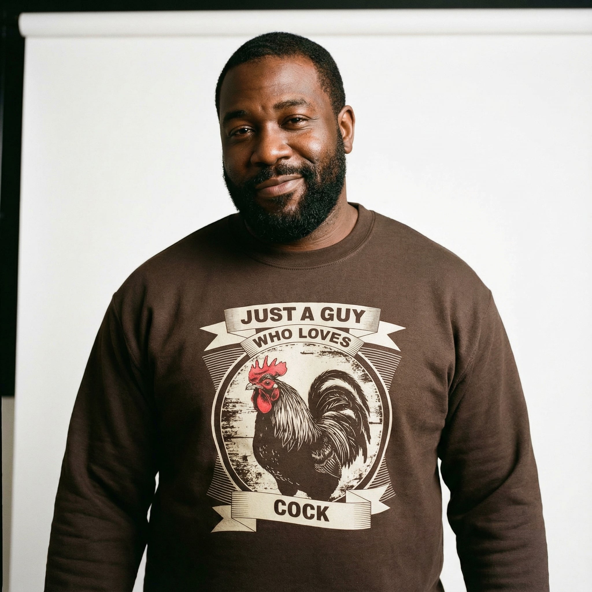 Just a Guy Who Loves Cock Sweatshirt #color_Dark Chocolate