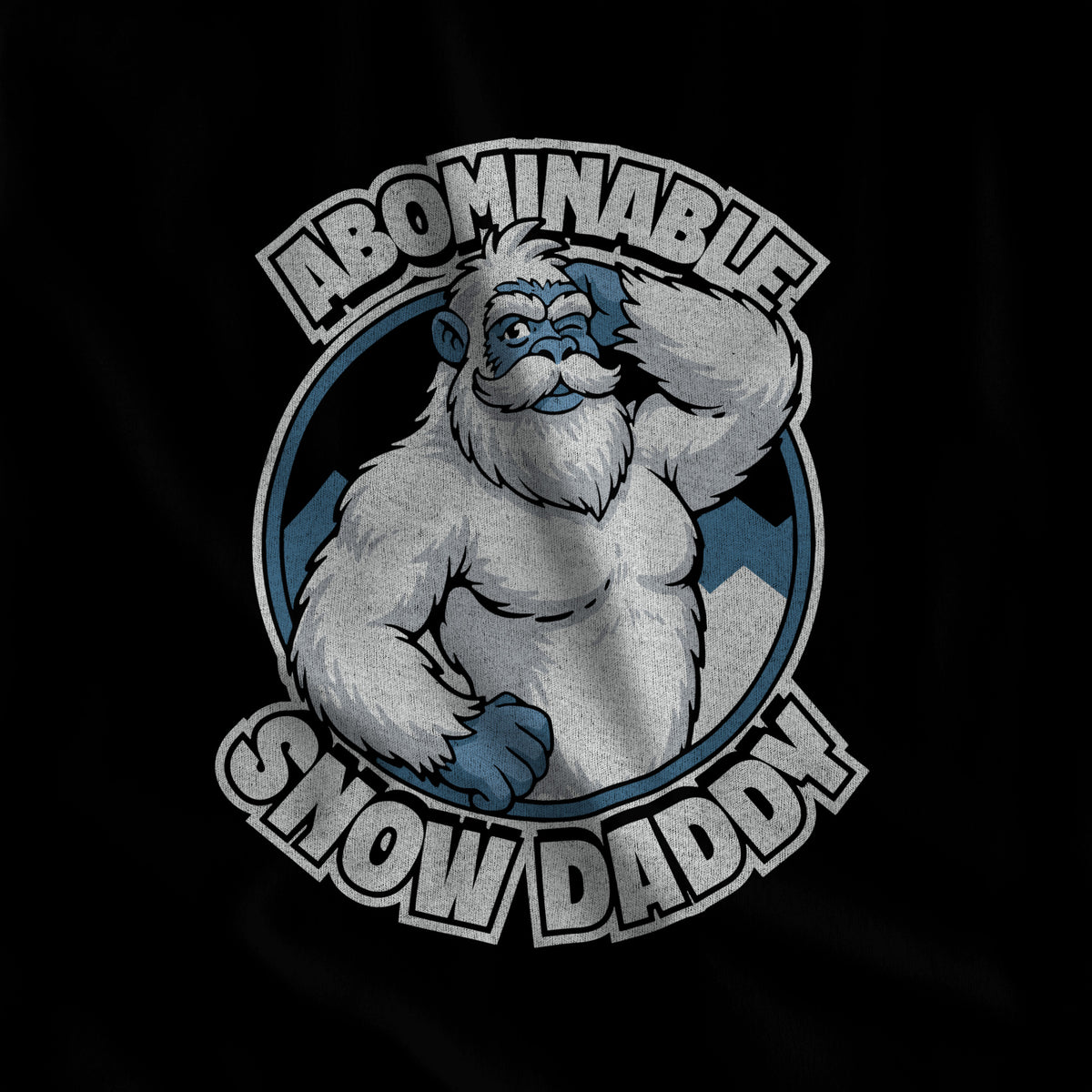 Close-up of the Abominable Snow Daddy yeti print on black fabric #color_Black