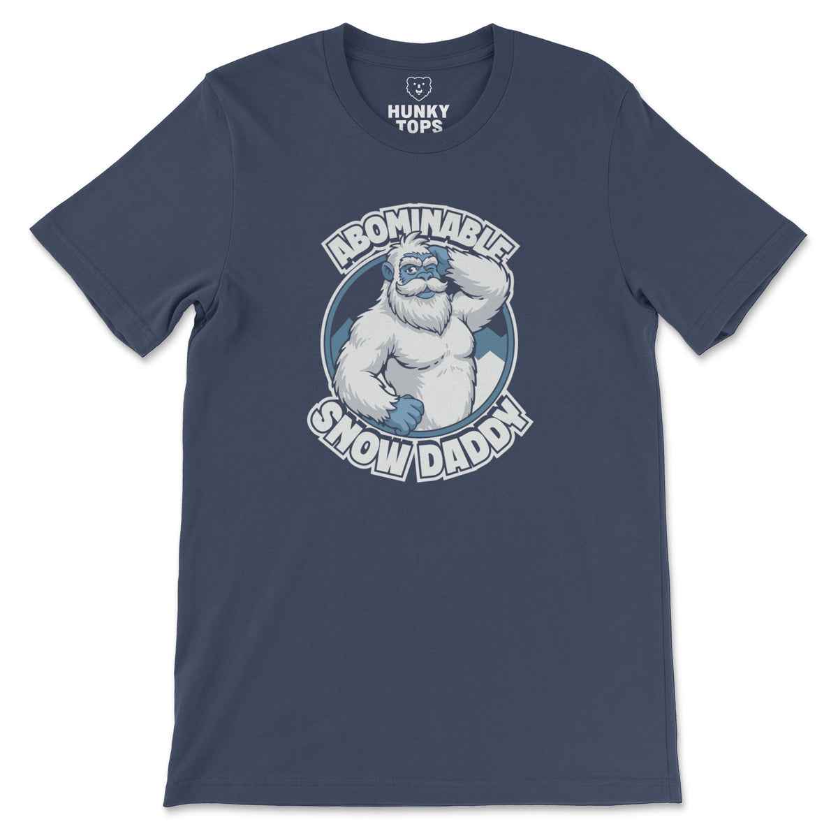 Abominable Snow Daddy winking yeti graphic on a navy t-shirt, flat lay #color_Navy