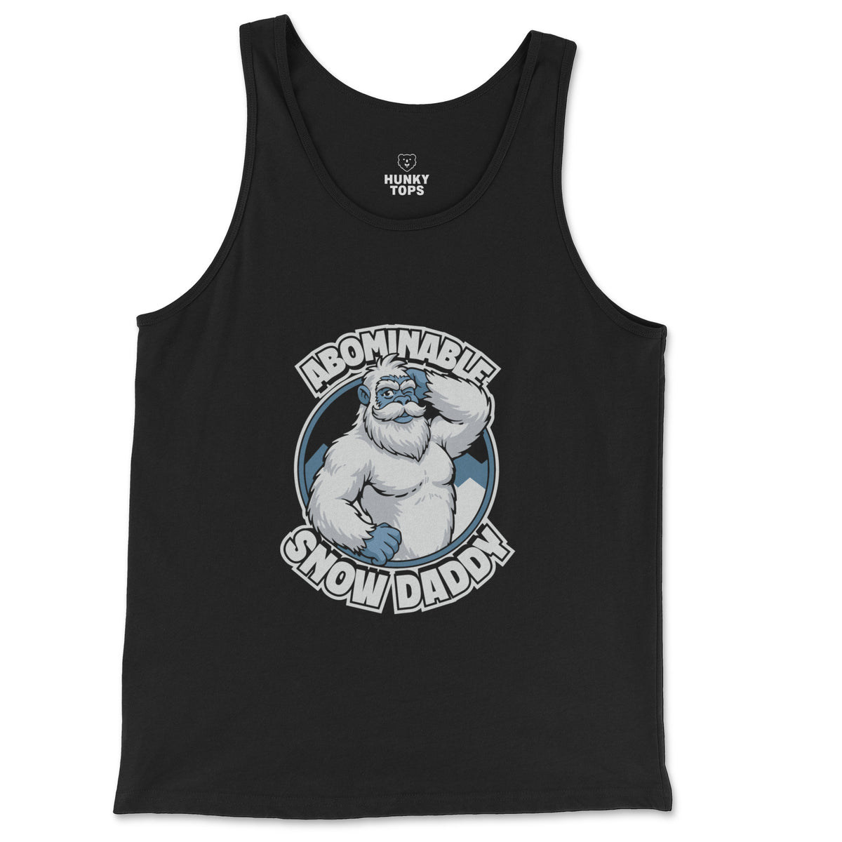 Abominable Snow Daddy winking yeti graphic on a black tank top, flat lay #color_Black