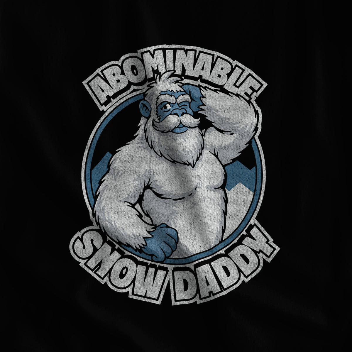 Close-up of the Abominable Snow Daddy yeti print on black fabric #color_Black