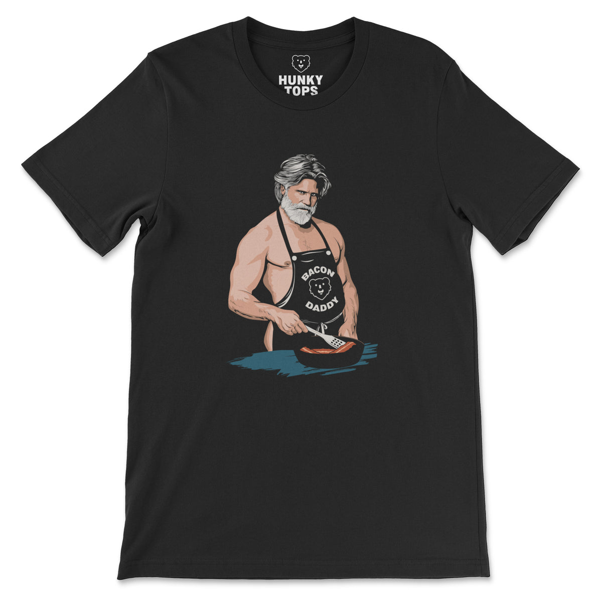 Bacon Daddy graphic of a shirtless silver daddy in an apron frying bacon on a black t-shirt, flat lay #color_Black