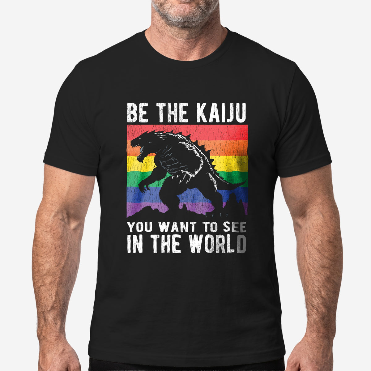 "Be the Kaiju You Want to See in the World" T-Shirt worn by a model, black t-shirt #color_Black