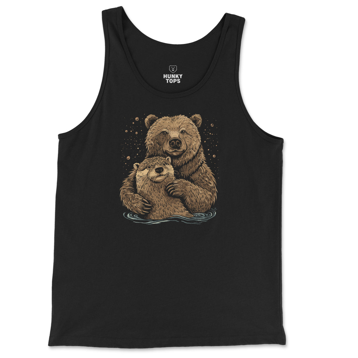 Bear + Otter Companionship Tank Top on a black tank top, flat lay #color_Black