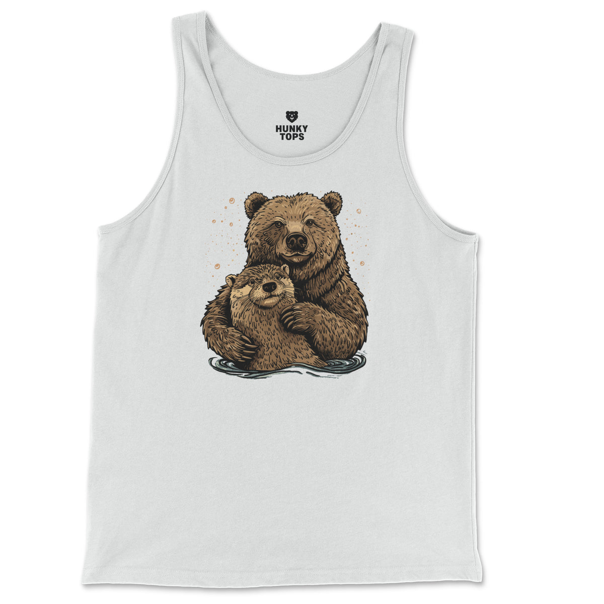 Bear + Otter Companionship Tank Top on a white tank top, flat lay #color_White
