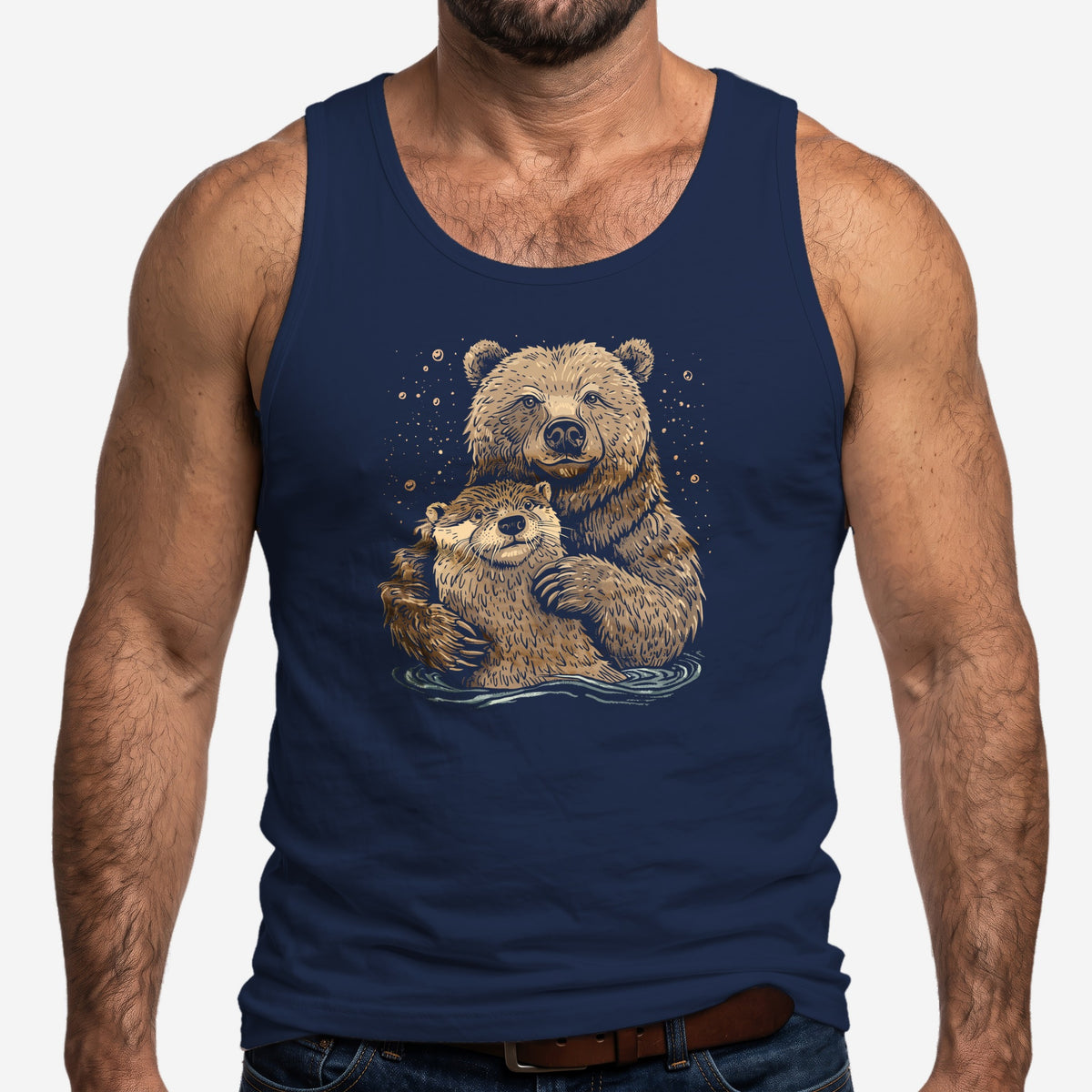 Bear + Otter Companionship Tank Top worn by a model, navy tank top #color_Navy