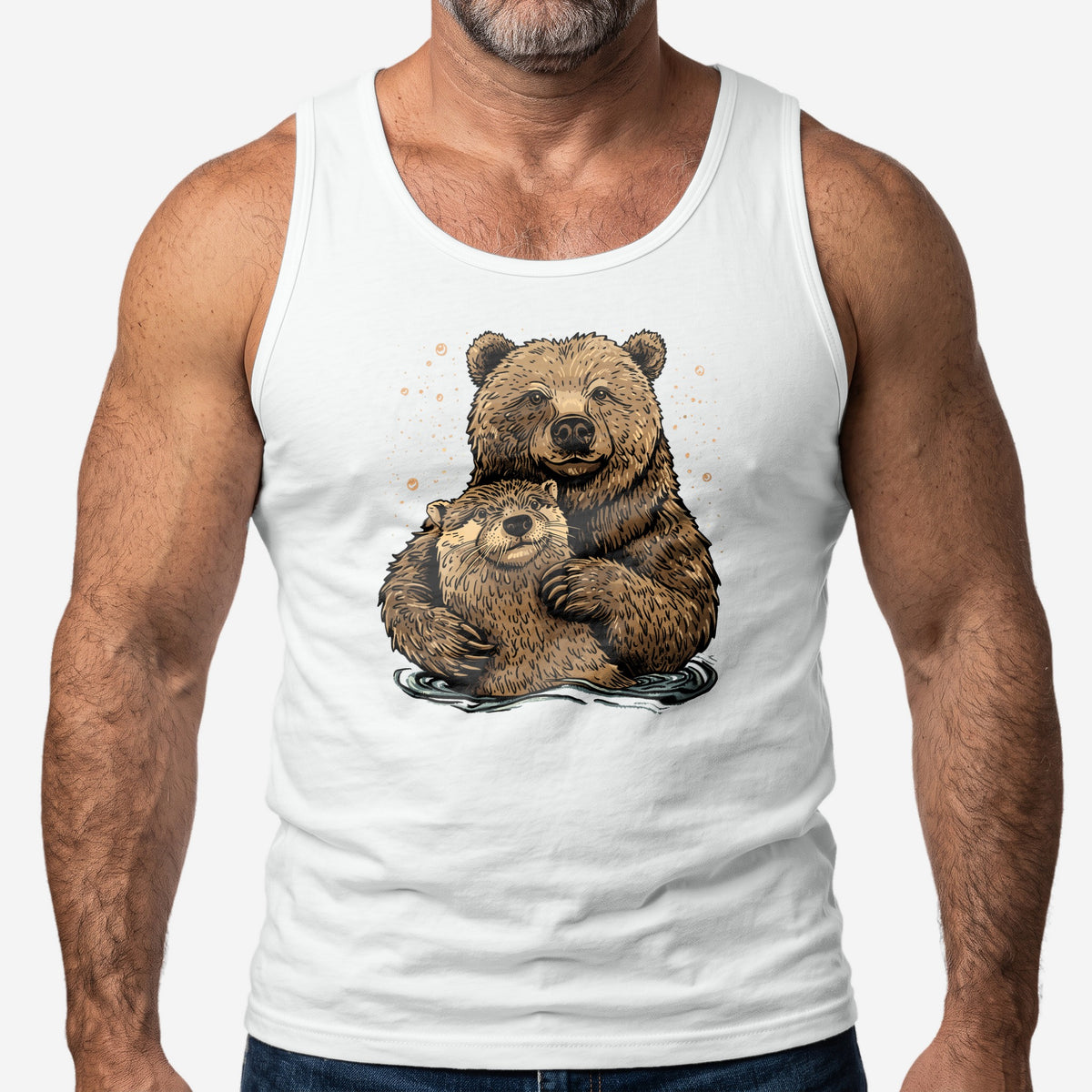 Bear + Otter Companionship Tank Top worn by a model, white tank top #color_White