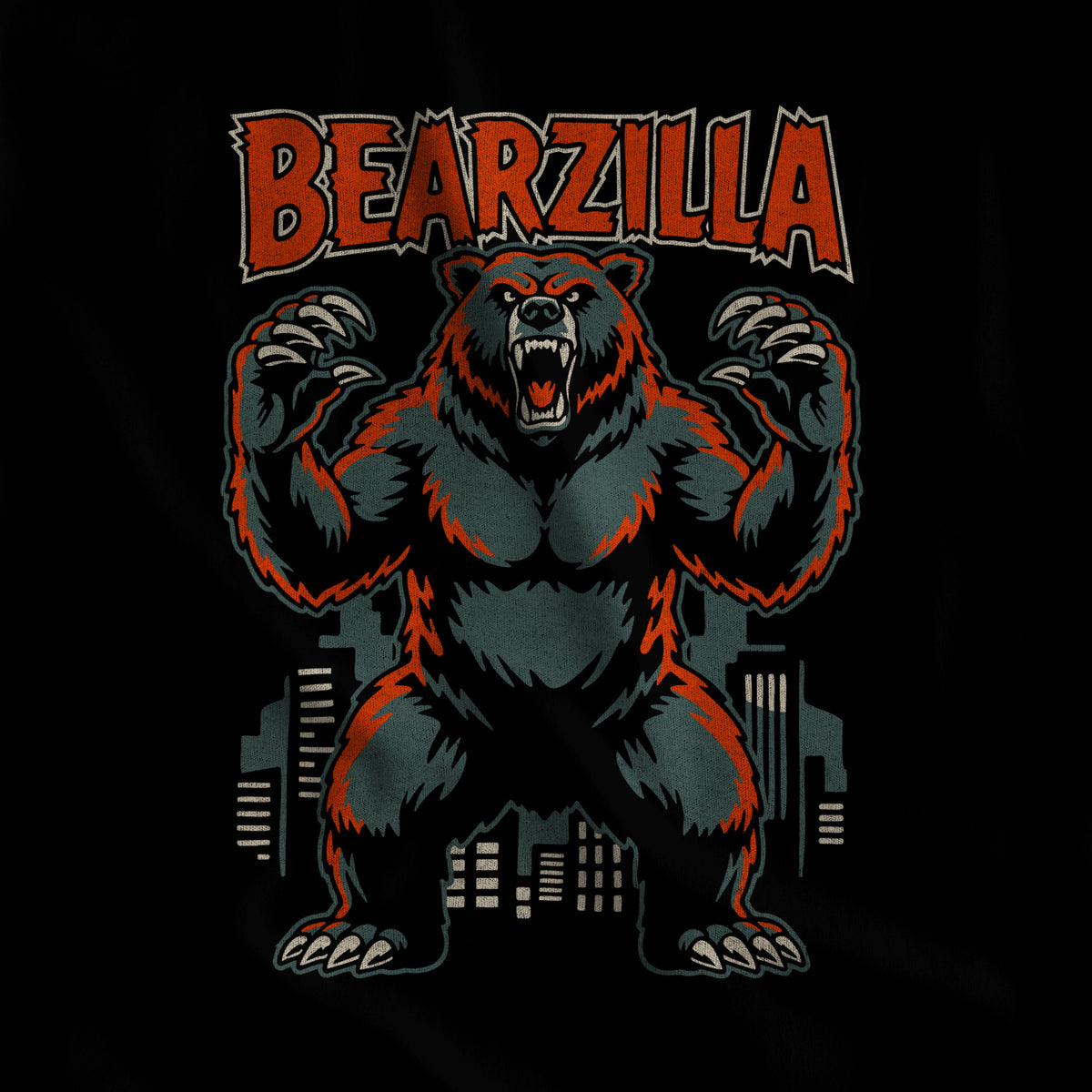 Close-up of the Bearzilla kaiju bear print on black cotton #color_Black
