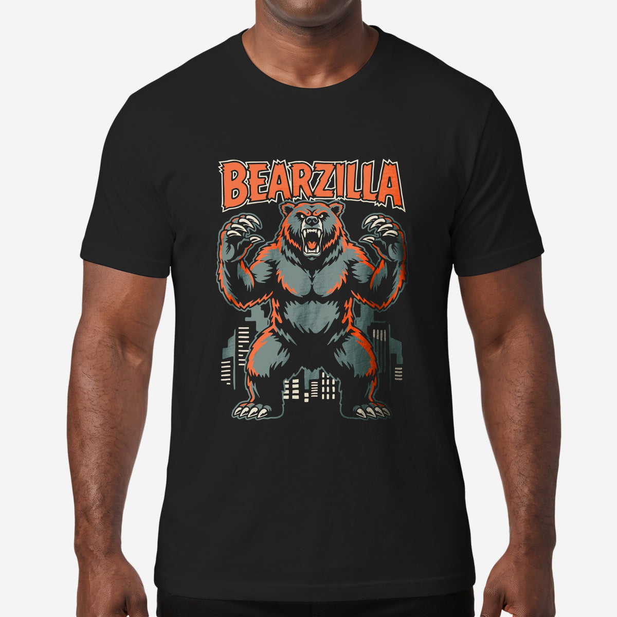"Bearzilla" Monster Bear T-Shirt worn by a model, black t-shirt #color_Black