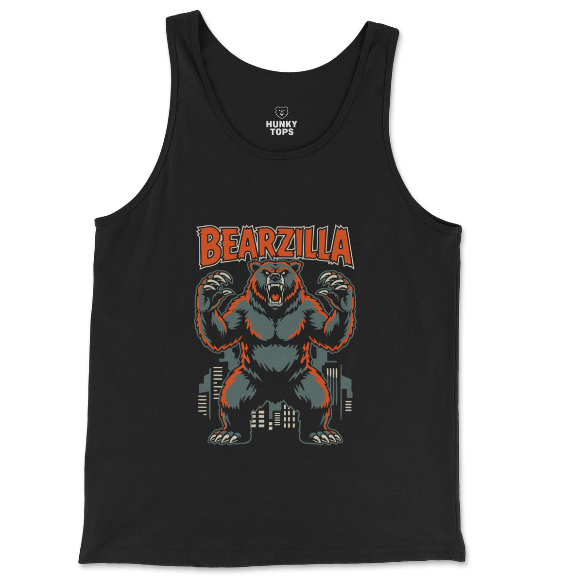 Bearzilla kaiju bear graphic on a black tank top, flat lay #color_Black
