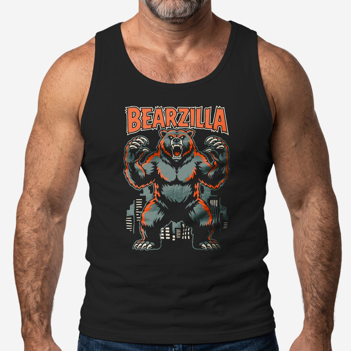 "Bearzilla" Monster Bear Tank Top worn by a model, black tank top #color_Black