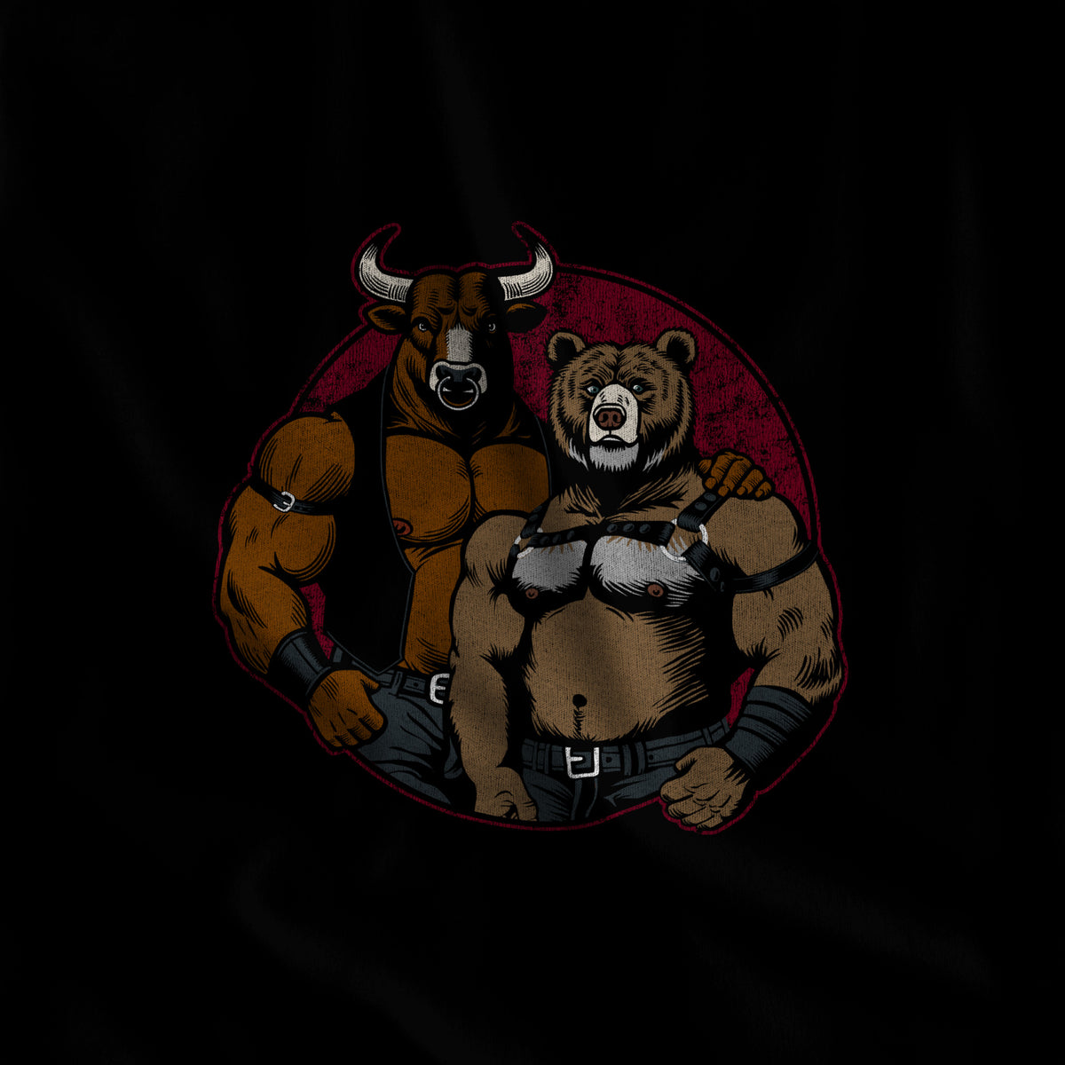 Close-up of the Bull and Bear print, leather-harness bull and bear in retro cartoon line work on black fabric #color_Black