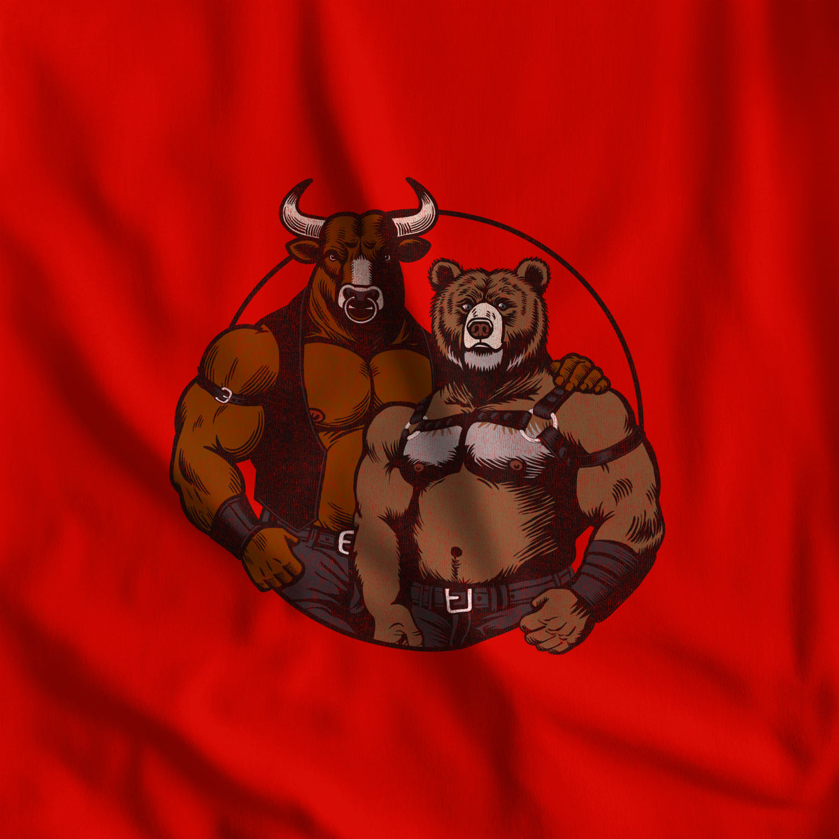 Close-up of the Bull and Bear print, leather-harness bull and bear in retro cartoon line work on red fabric #color_Red