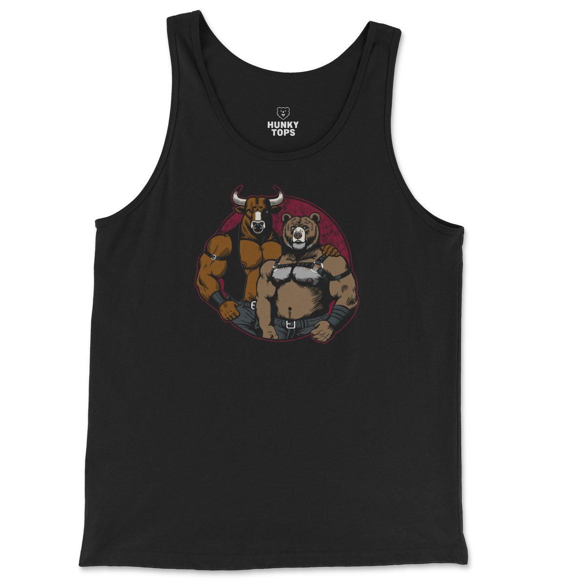 Bull and Bear muscle bull and bear cartoon graphic on a black jersey tank top, flat lay #color_Black