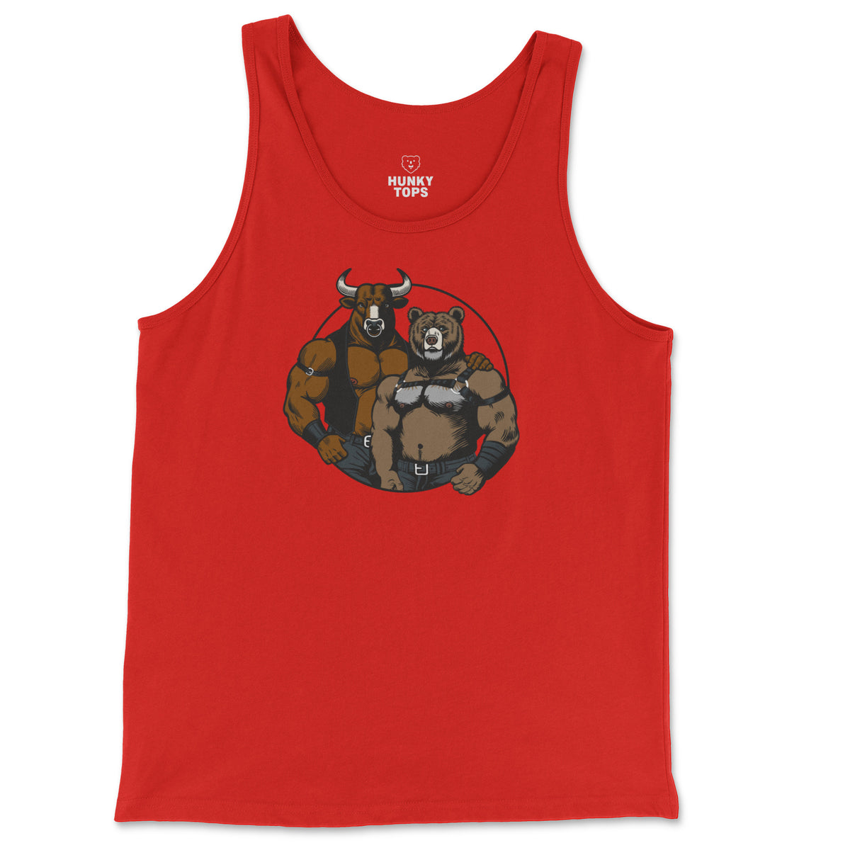 Bull and Bear muscle bull and bear cartoon graphic on a red jersey tank top, flat lay #color_Red