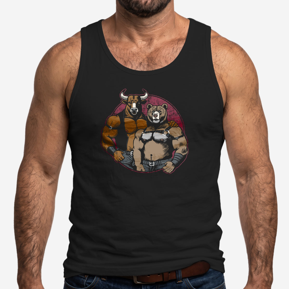 Bull and Bear graphic jersey tank top in black worn on a model #color_Black