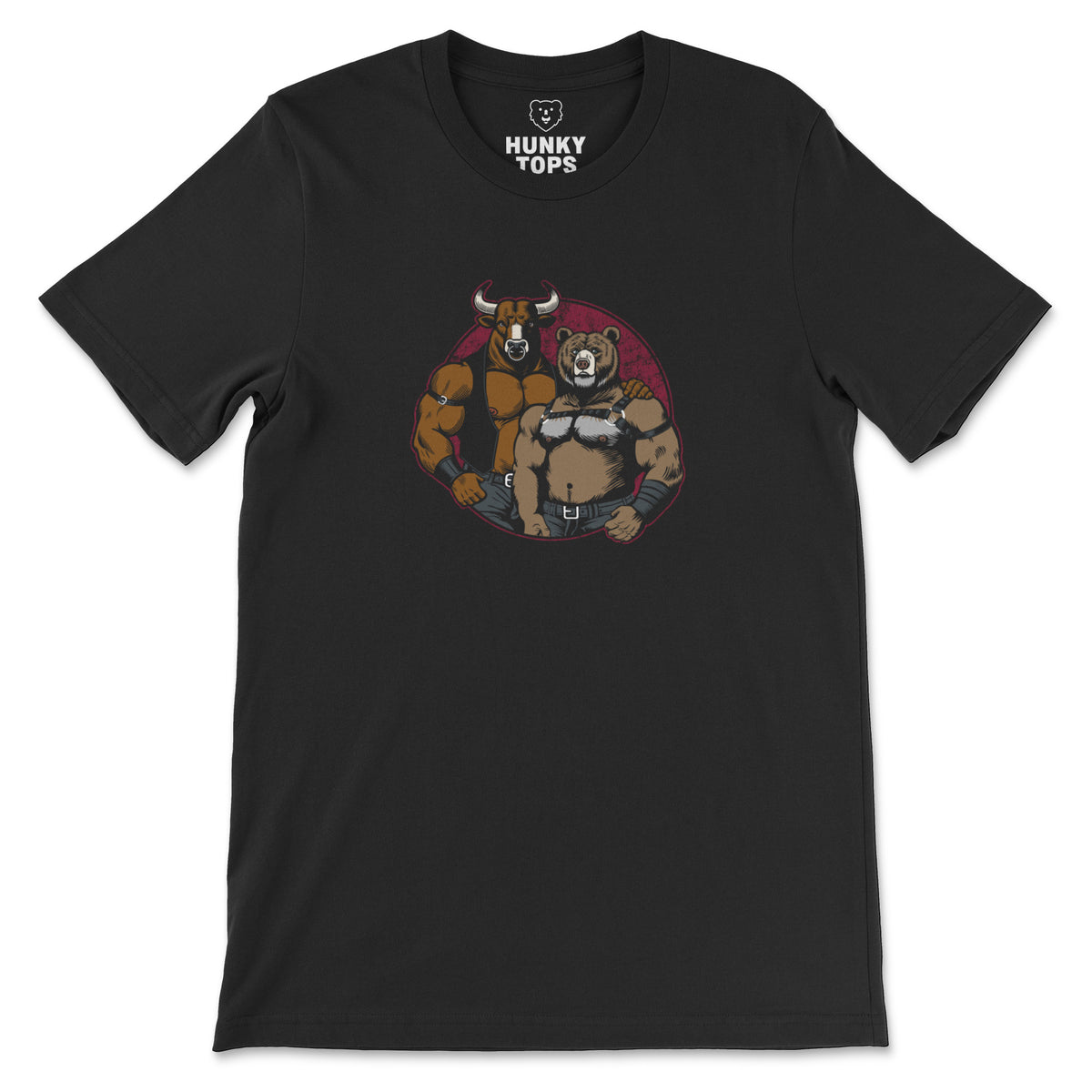 Bull and Bear muscle bull and bear cartoon graphic on a black unisex t-shirt, flat lay #color_Black