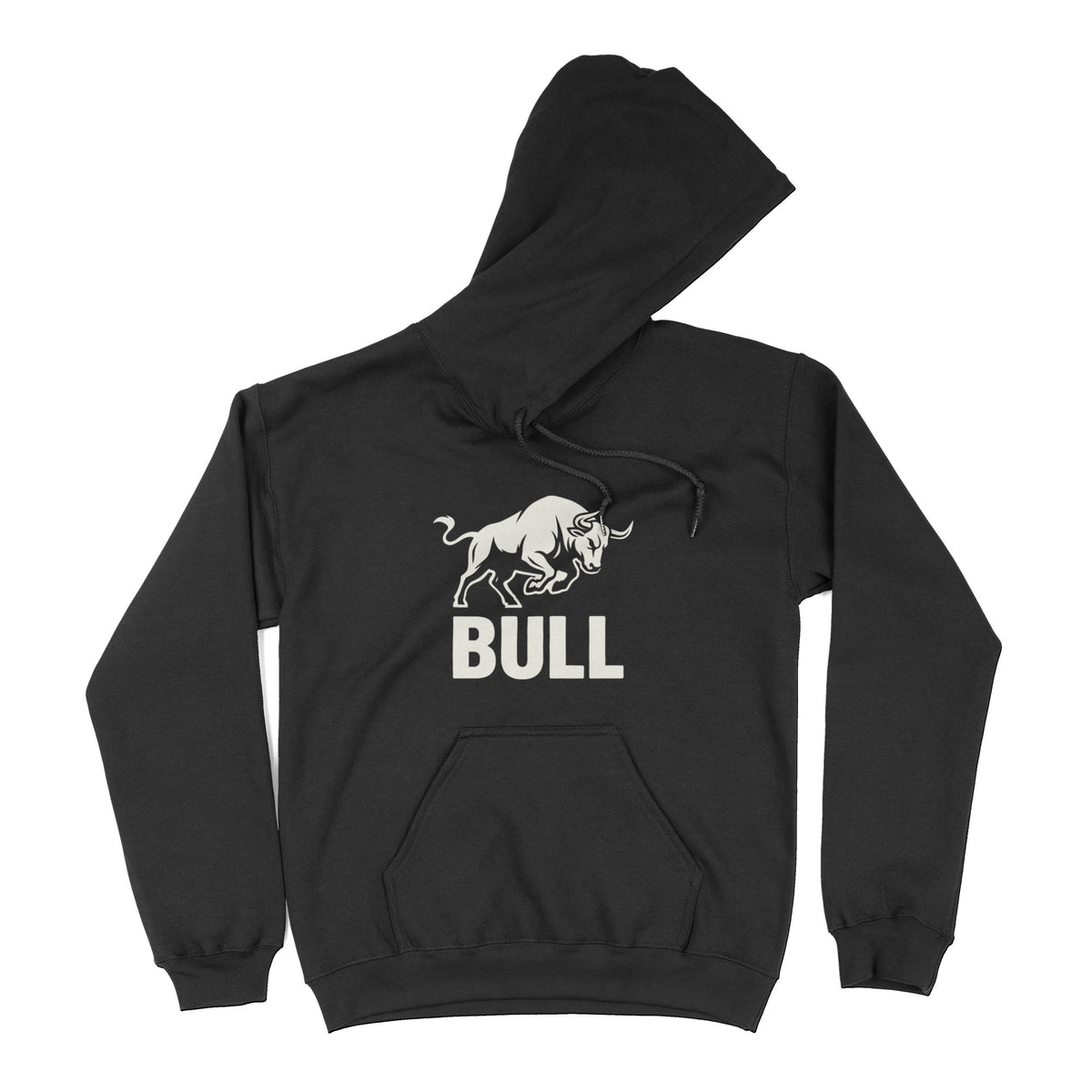 BULL charging bull graphic with bold BULL lettering on a black pullover hoodie, flat lay #color_Black