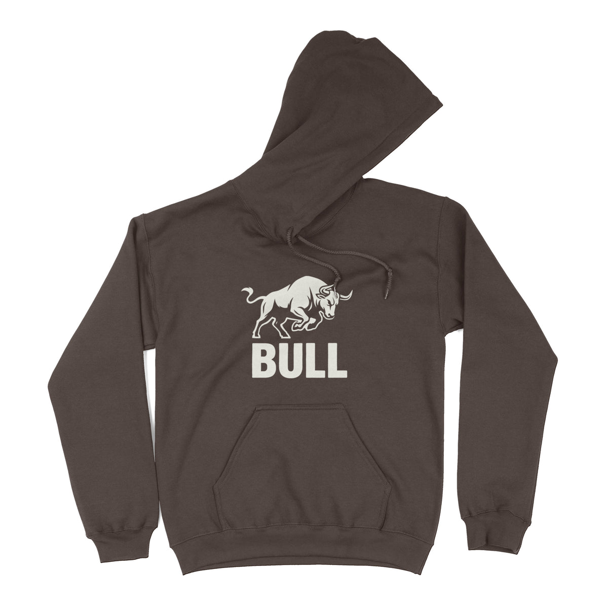 BULL charging bull graphic with bold BULL lettering on a dark chocolate pullover hoodie, flat lay #color_Dark Chocolate