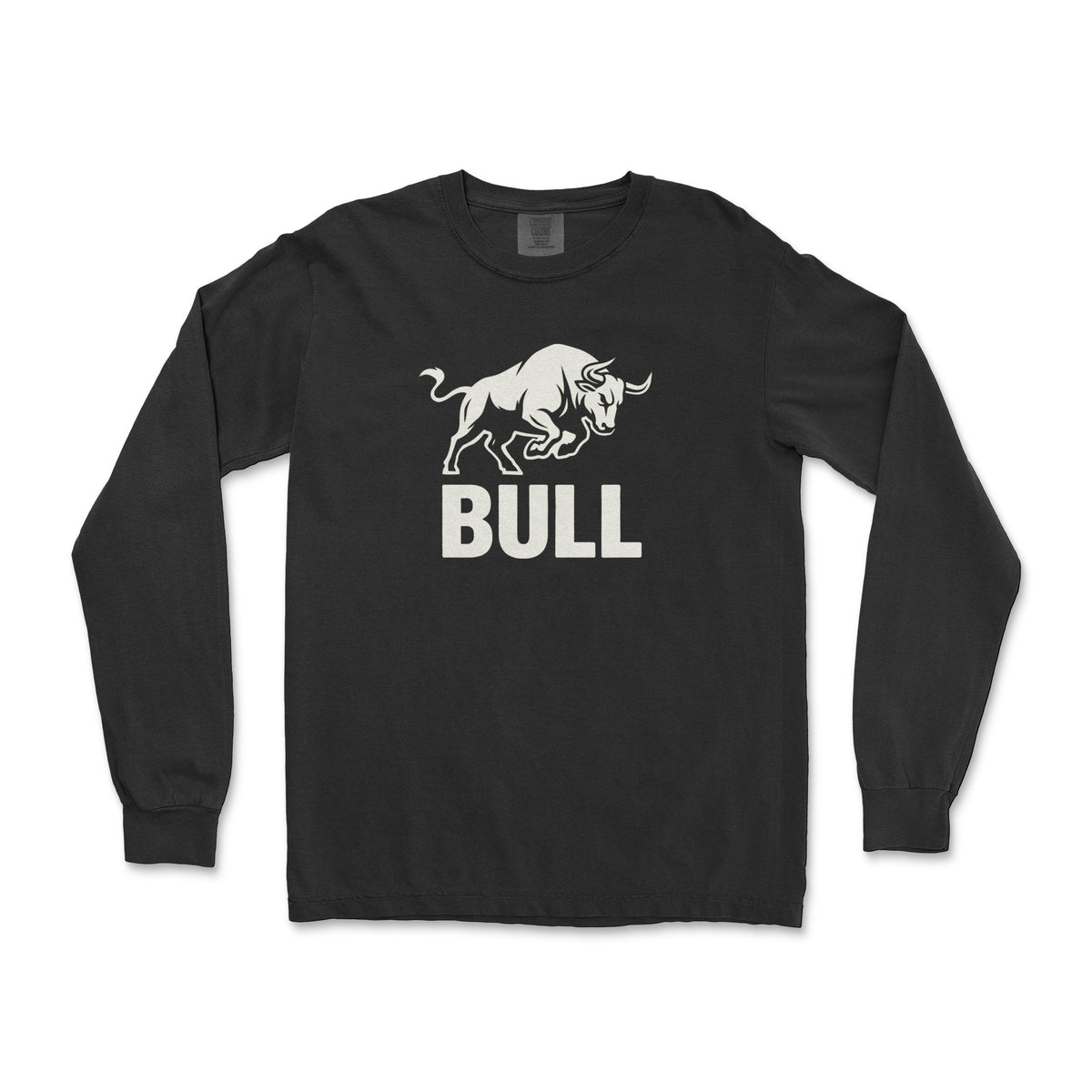 BULL charging bull graphic with bold BULL lettering on a black long-sleeve t-shirt, flat lay #color_Black