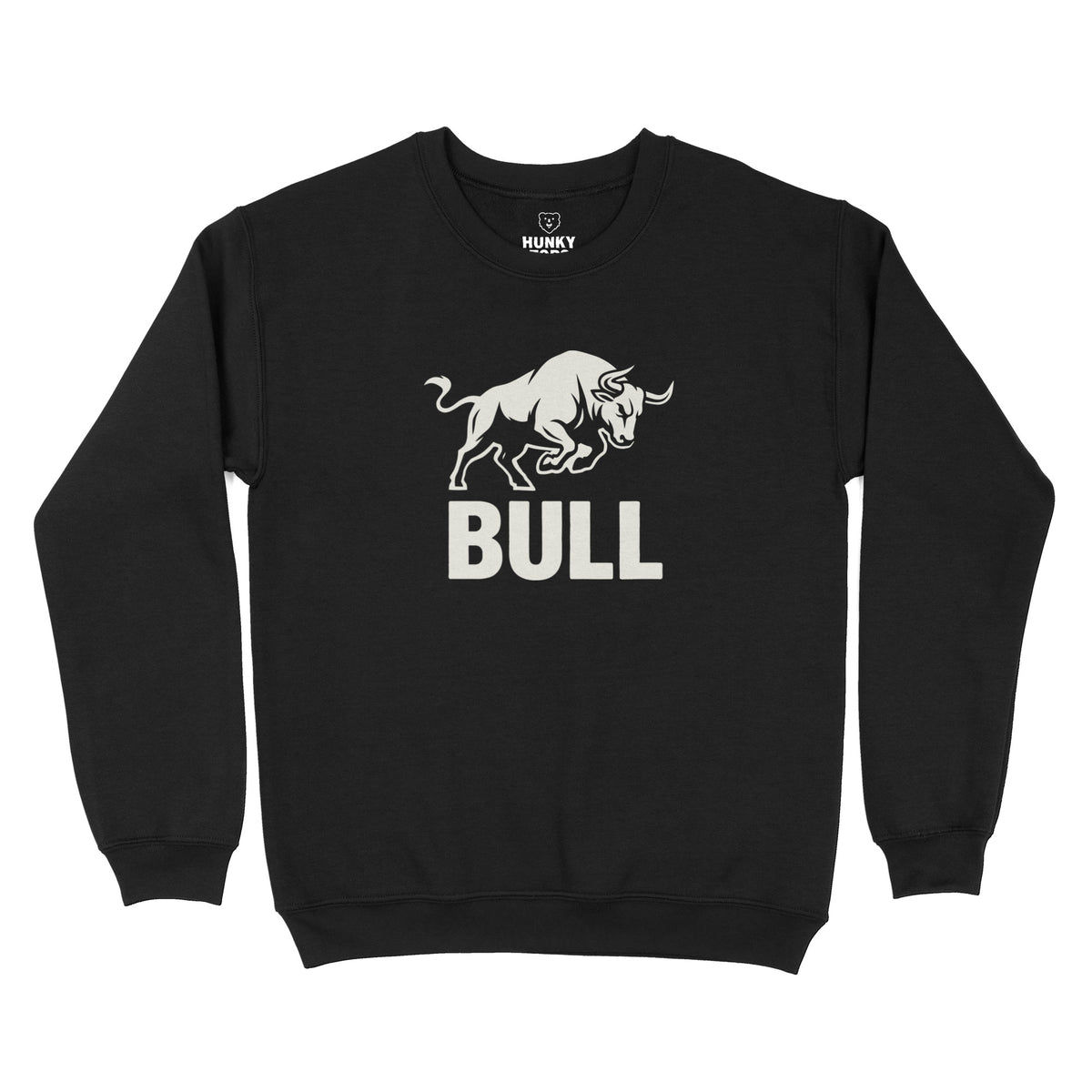 BULL charging bull graphic with bold BULL lettering on a black crewneck sweatshirt, flat lay #color_Black