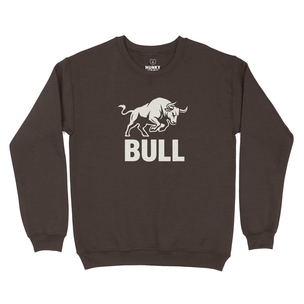 BULL charging bull graphic with bold BULL lettering on a dark chocolate crewneck sweatshirt, flat lay #color_Dark Chocolate
