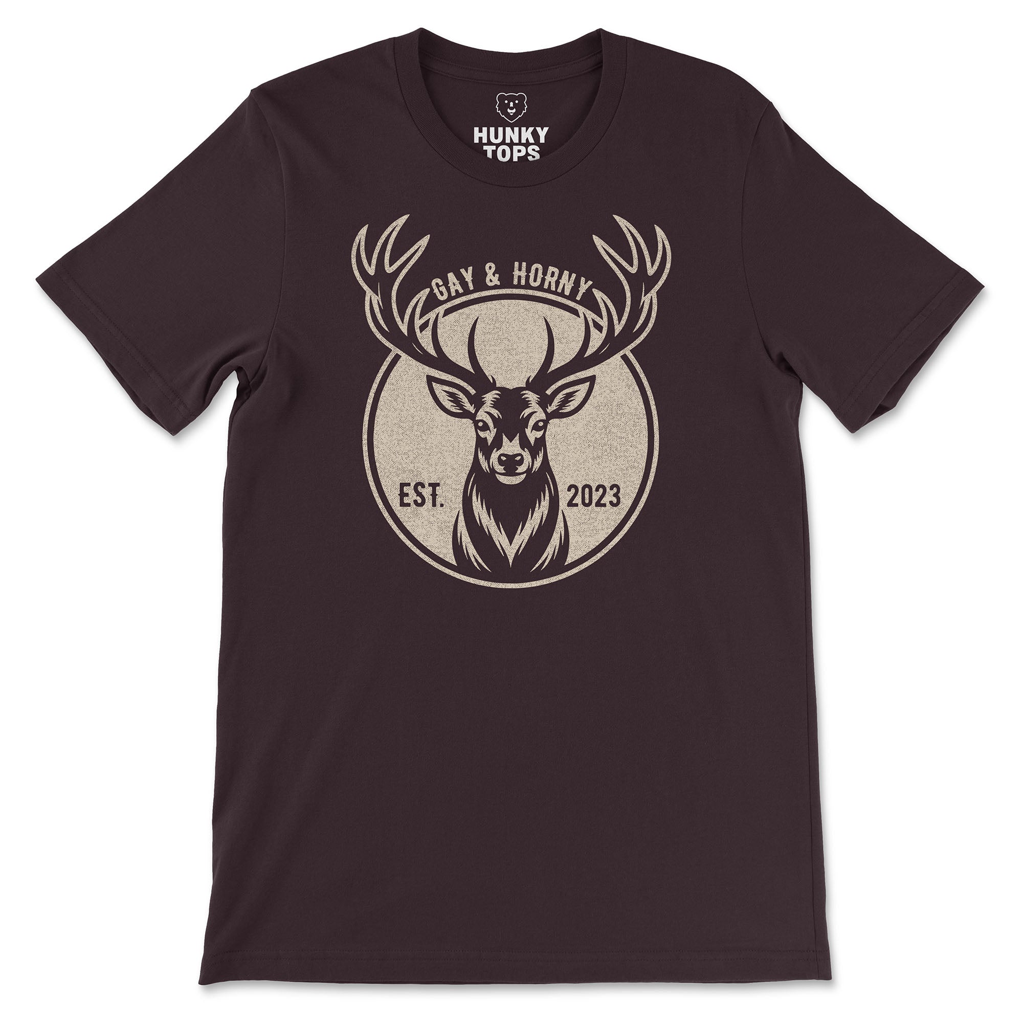 Gay And Horny T-Shirt - Hunky Tops #color_Oxblood Black