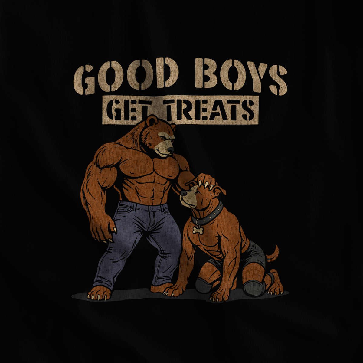 Close-up of the Good Boys Get Treats print on black garment-dyed long-sleeve fabric #color_Black