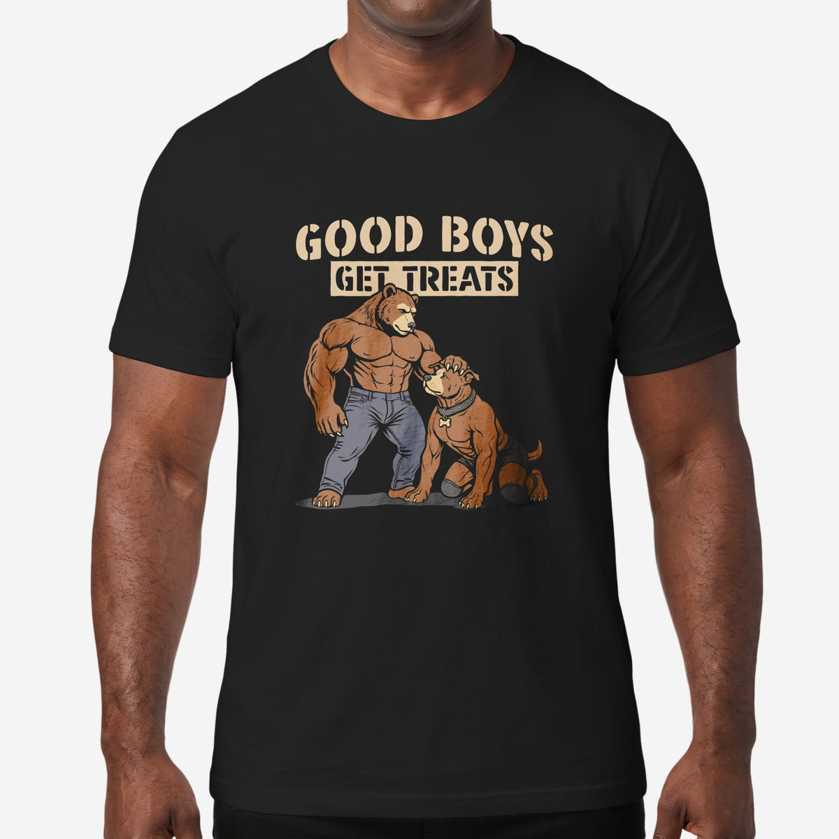 Good Boys Get Treats muscle bear and pup graphic t-shirt in black worn on a model #color_Black