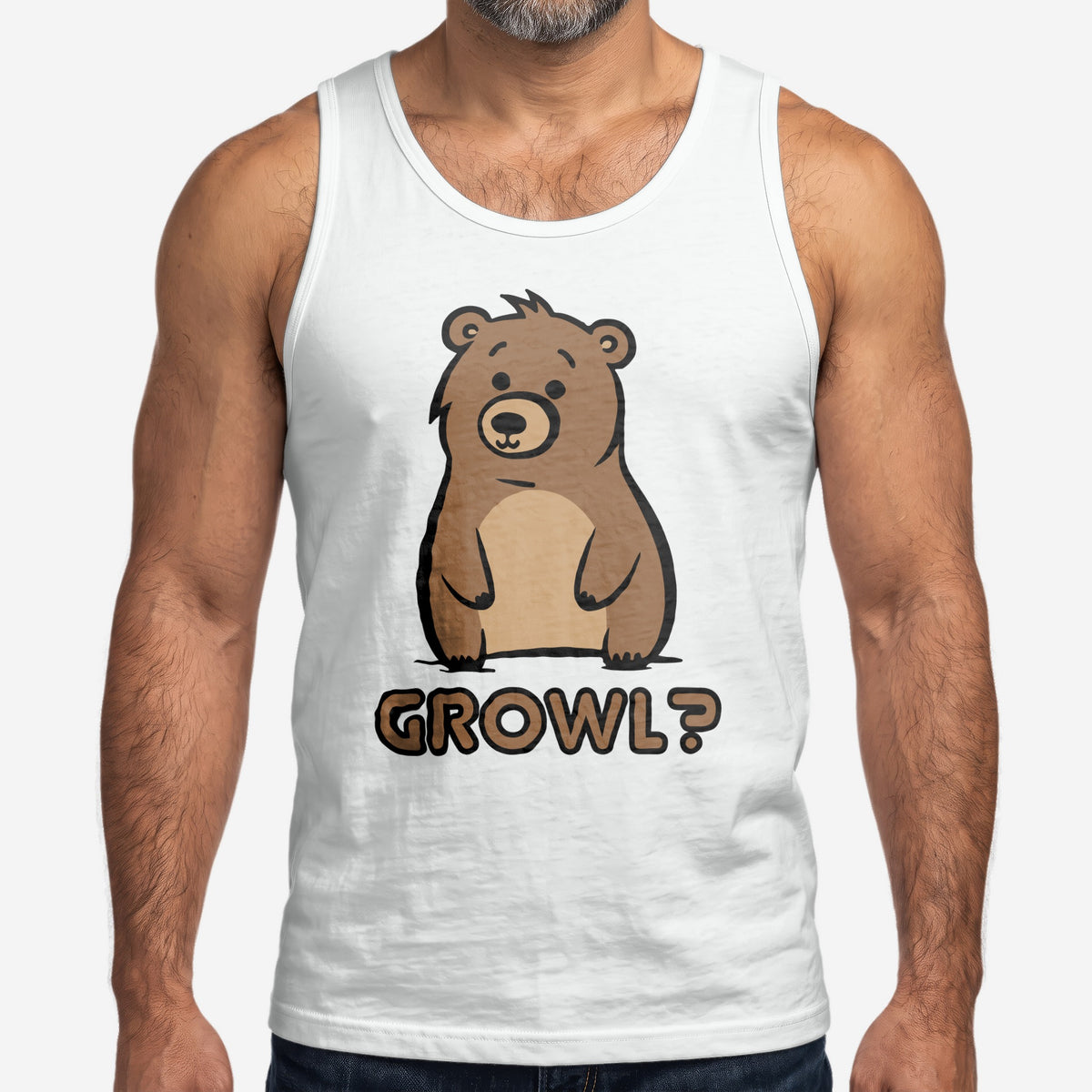 Growl Bear Tank Top worn by a model, white tank top #color_White