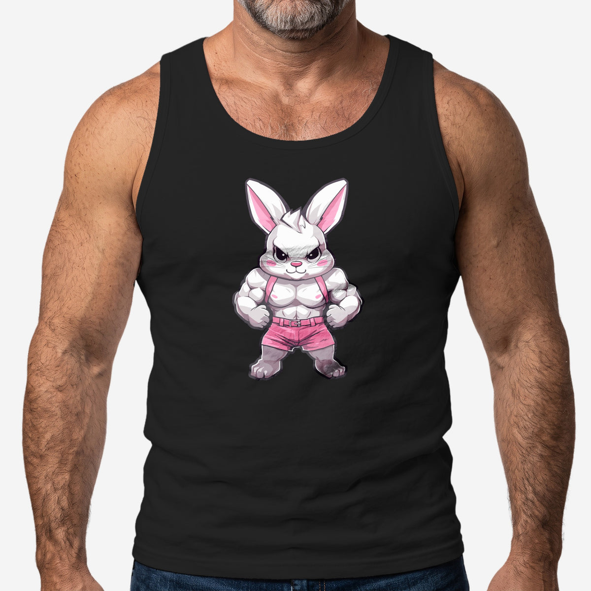 Gym Bunny Tank Top worn by a model, black tank top #color_Black
