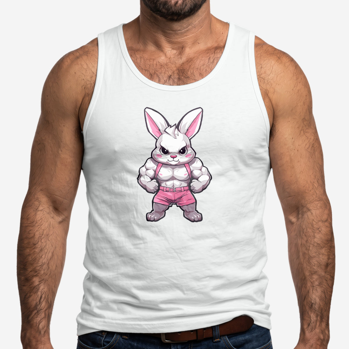 Gym Bunny Tank Top worn by a model, white tank top #color_White