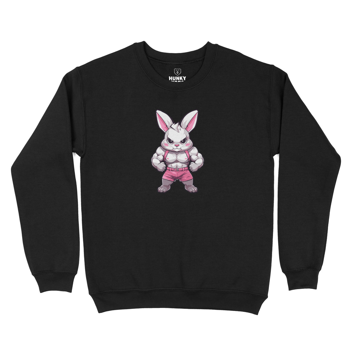 "Gym Bunny" muscular cartoon bunny in a pink harness on a black crewneck sweatshirt, flat lay #color_Black