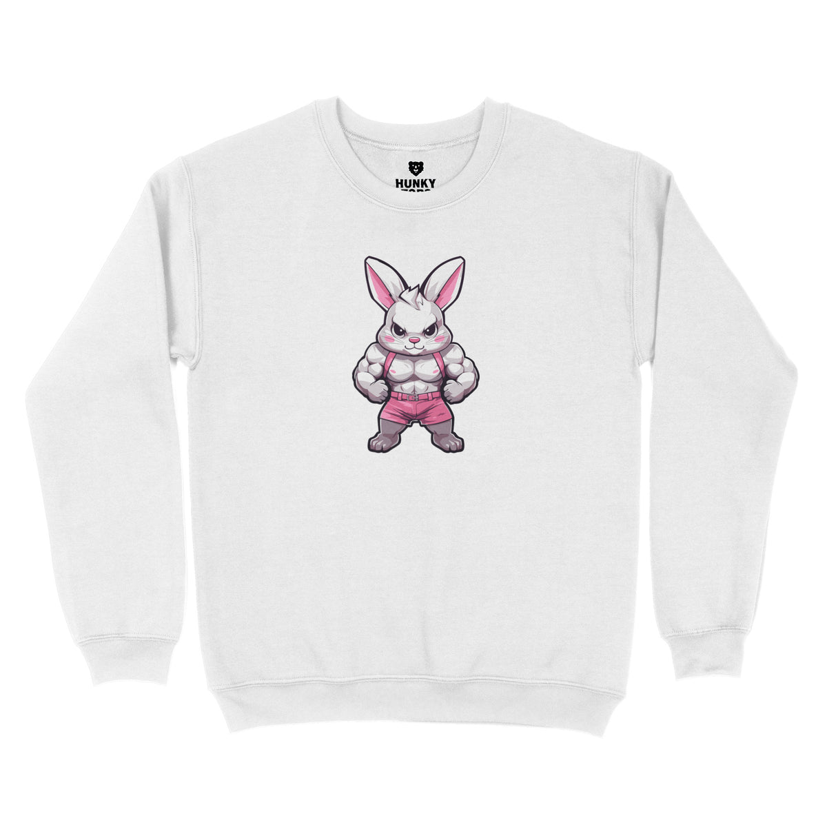 "Gym Bunny" muscular cartoon bunny in a pink harness on a white crewneck sweatshirt, flat lay #color_White
