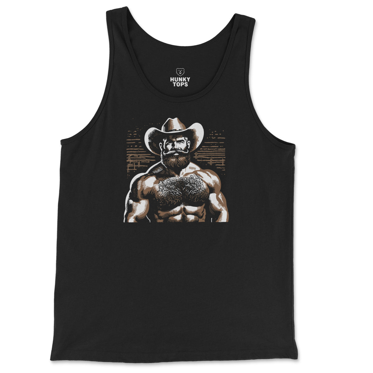 Hairy Cowboy Tank Top on a black tank top, flat lay #color_Black