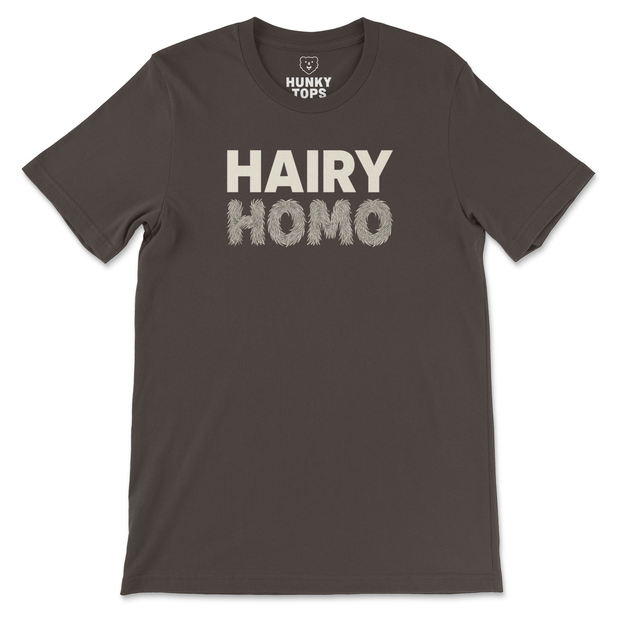 Hairy Homo brown t-shirt with HAIRY in bold type and HOMO in furry lettering #color_Brown
