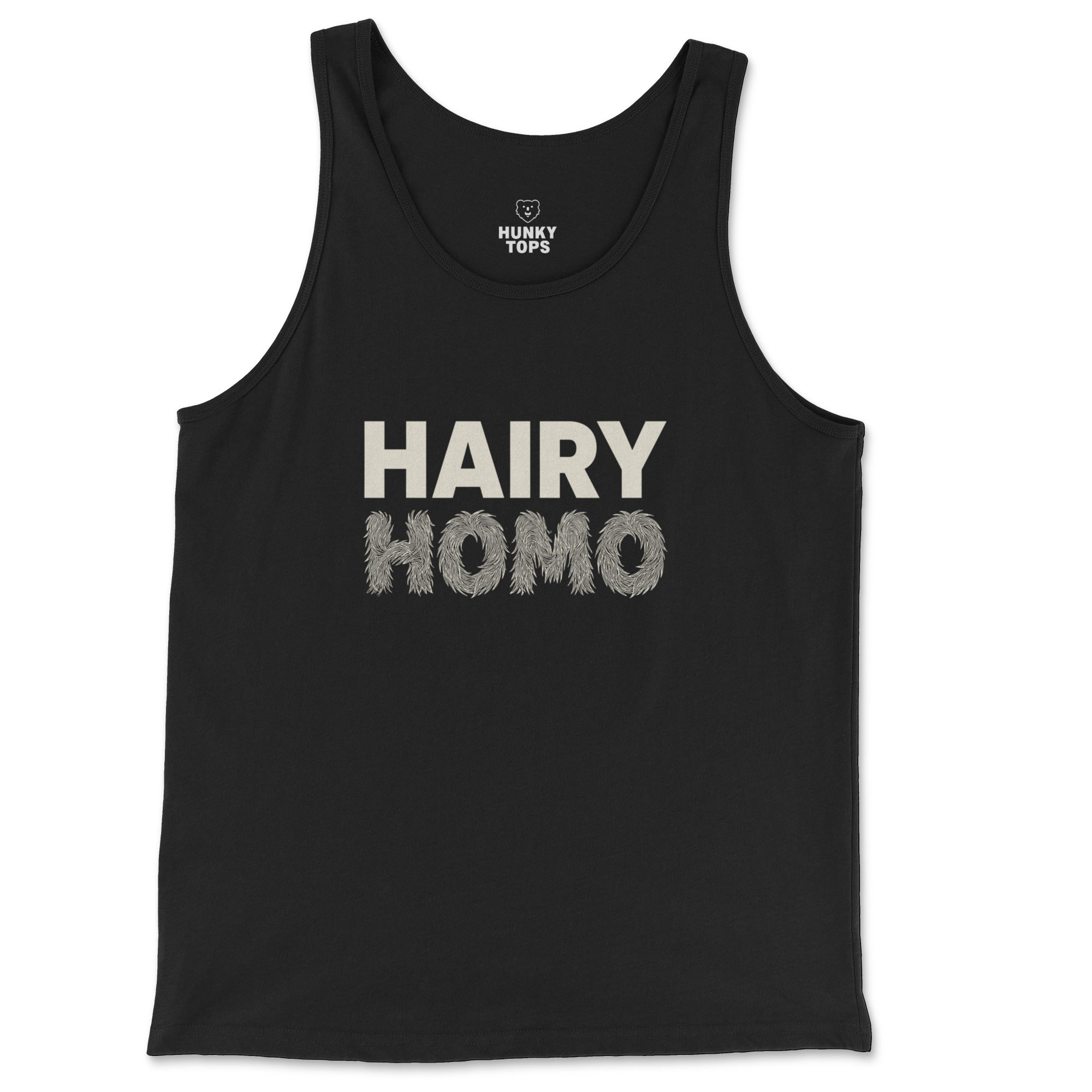 Hairy Homo black tank top with HAIRY in bold type and HOMO in furry lettering #color_Black