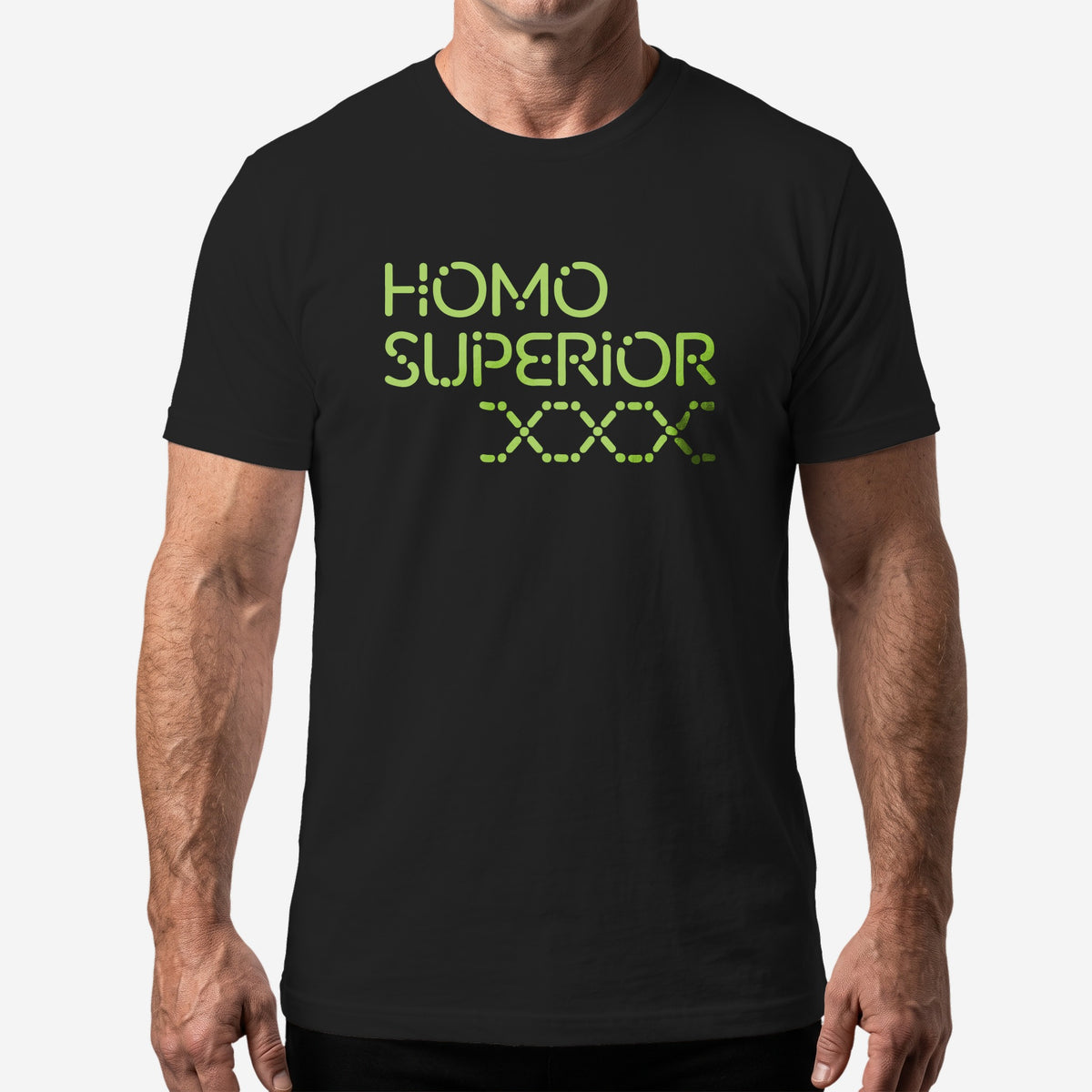 Homo Superior T-Shirt worn by a model, black t-shirt #color_Black