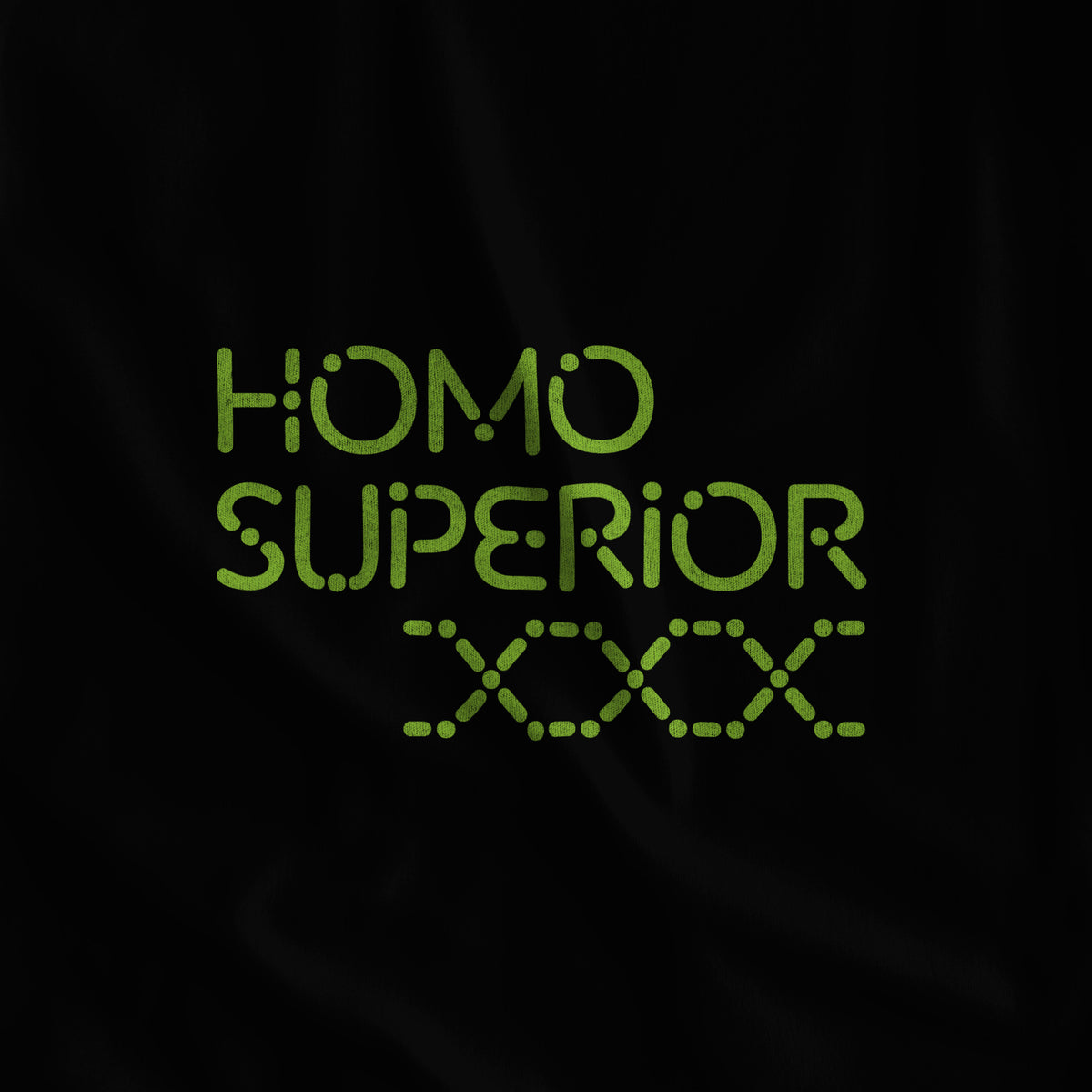 Close-up of the Homo Superior dotted lime green print on black fabric #color_Black