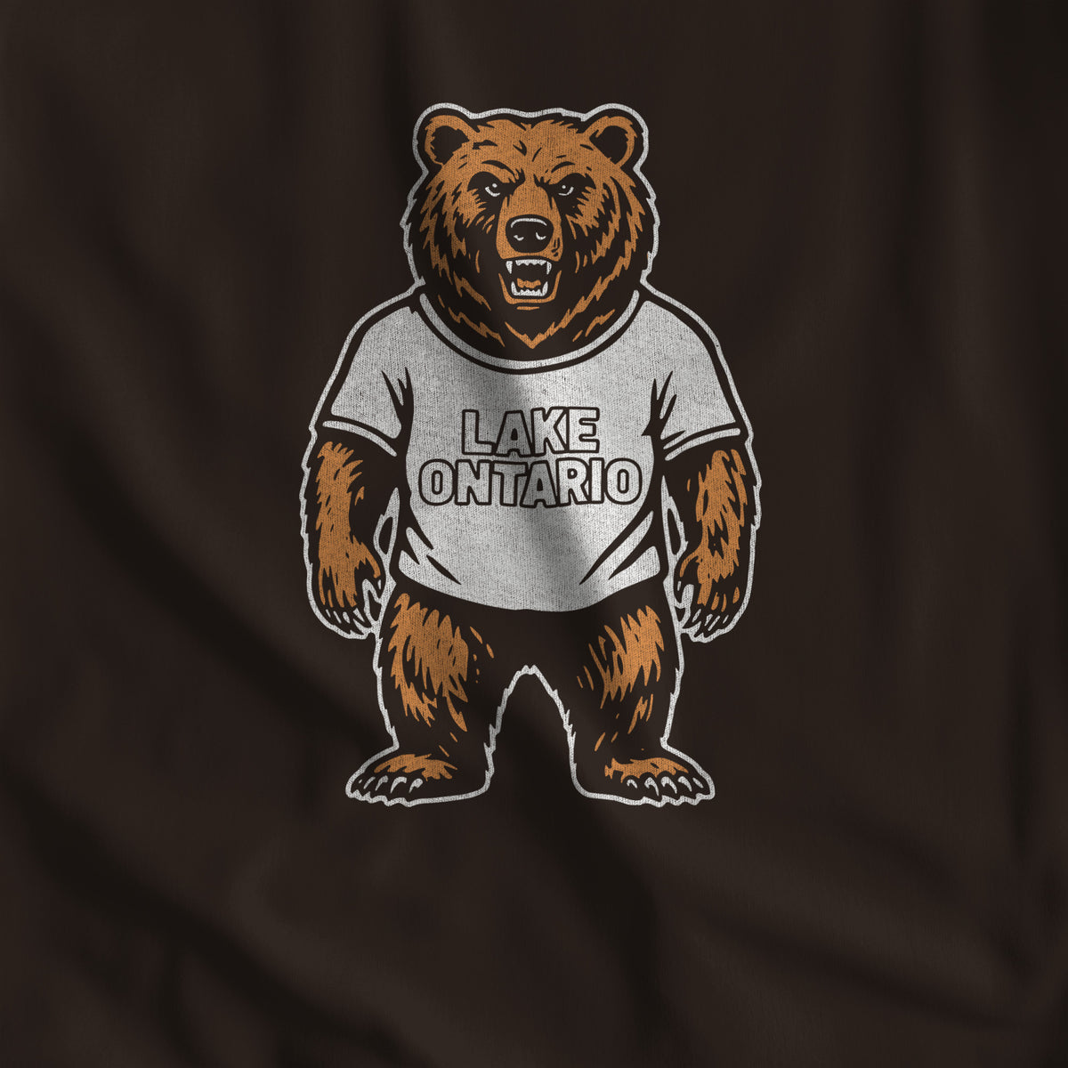 Close-up of the Lake Ontario Bear grizzly print on brown cotton #color_Brown